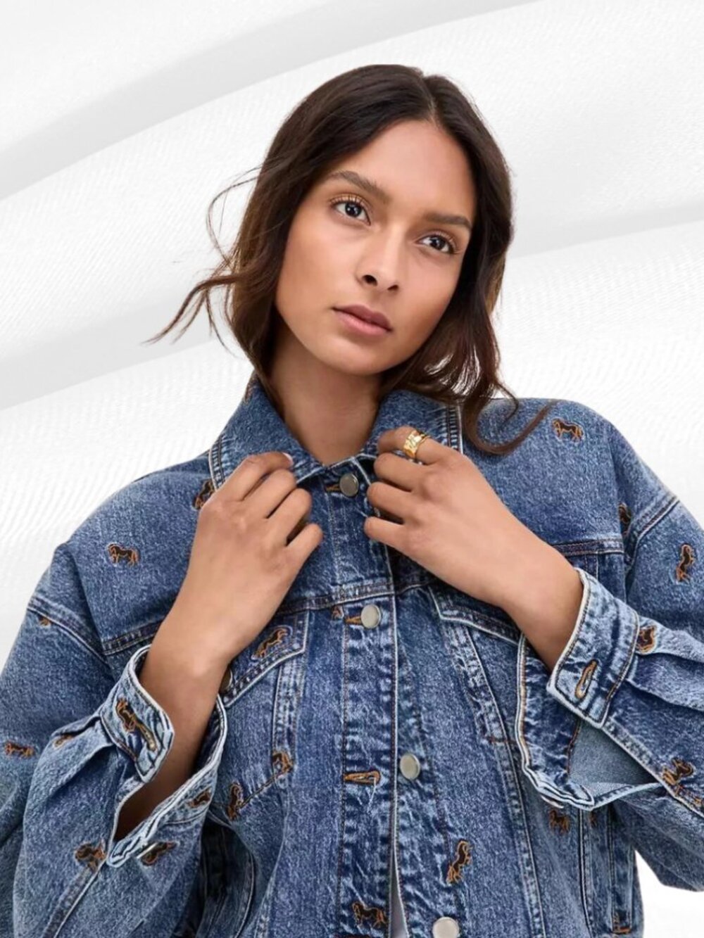 Avec Les Filles Horse Embroidered Ombre Oversized Denim Jacket Size XL